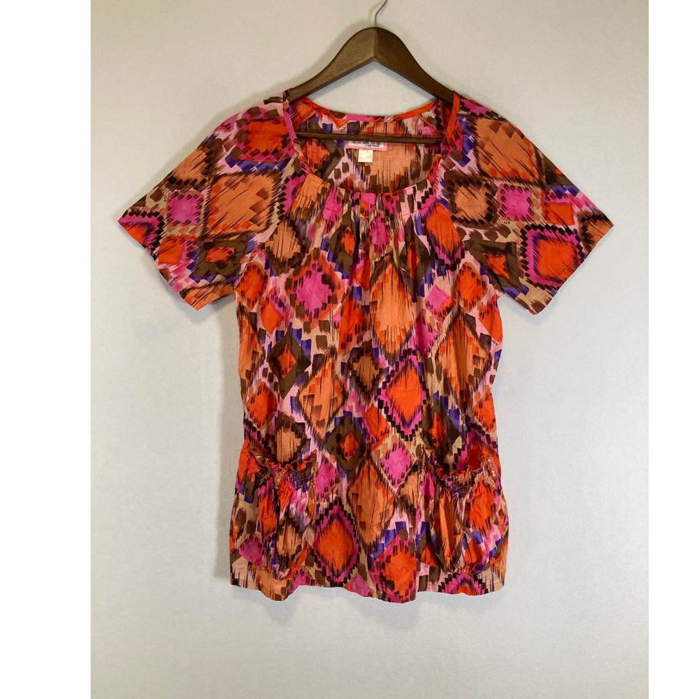 Boho Ikat Koi by Kathy Peterson Women L Orange Pink Diamond Print Scrub Top